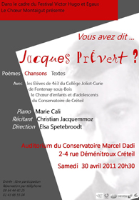 Affiche u spectacle Vous avez dit Jacques Prevert ? avril 2011.